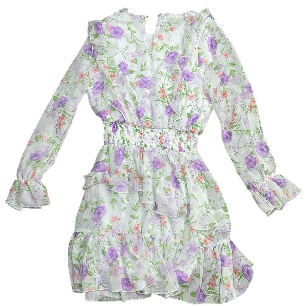 Rare Editions Big Girl's Floral Smocked Ruffle Long Sleeve Midi Flare Dress 12 - Picture 4 of 6